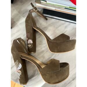 Perugia Olive Green & Pink Embroidered Platform Heels